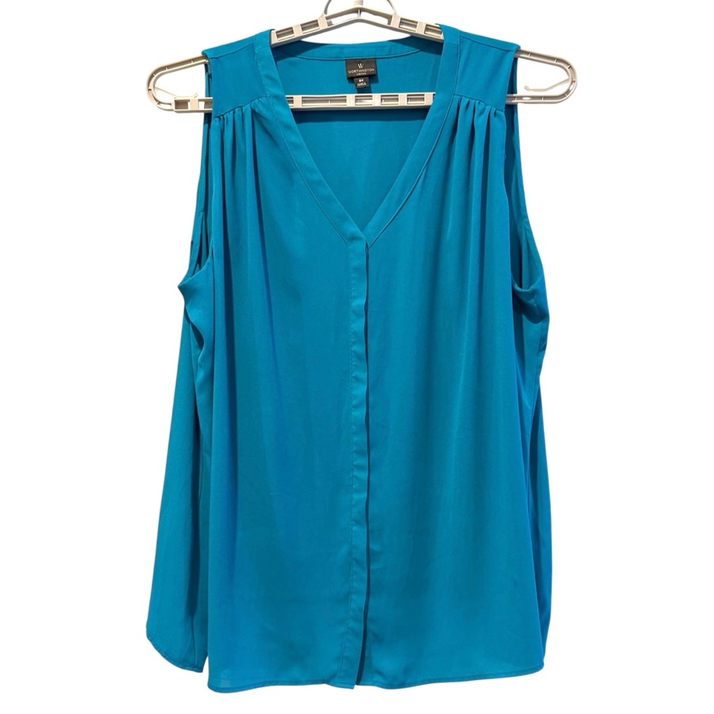 Worthington Woman Button Up Sleeveless Blouse Career Turquoise Blue Green 2X